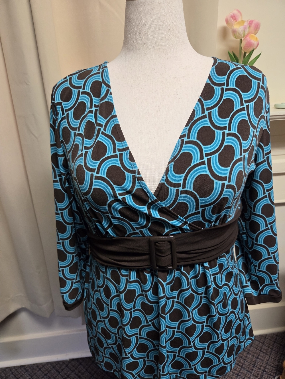 Apt.9 Retro Geometric Blue & Black Wrap Top with Belt Size XL